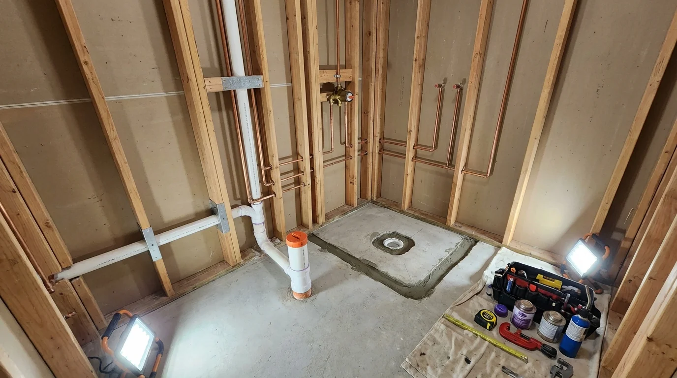 Bathroom rough-in plumbing during remodel by Johns Plumbing LLC in Stacy