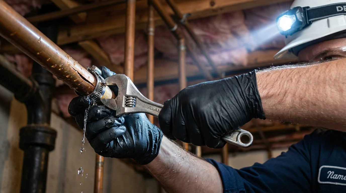 Emergency pipe clamp repair being performed by a Johns Plumbing LLC plumber in Stacy