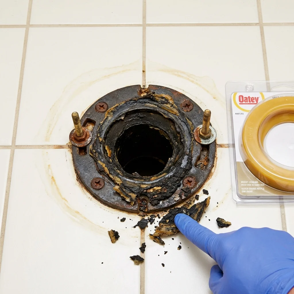 Failed wax ring showing water seepage at the base of a toilet in a Stacy, MN home
