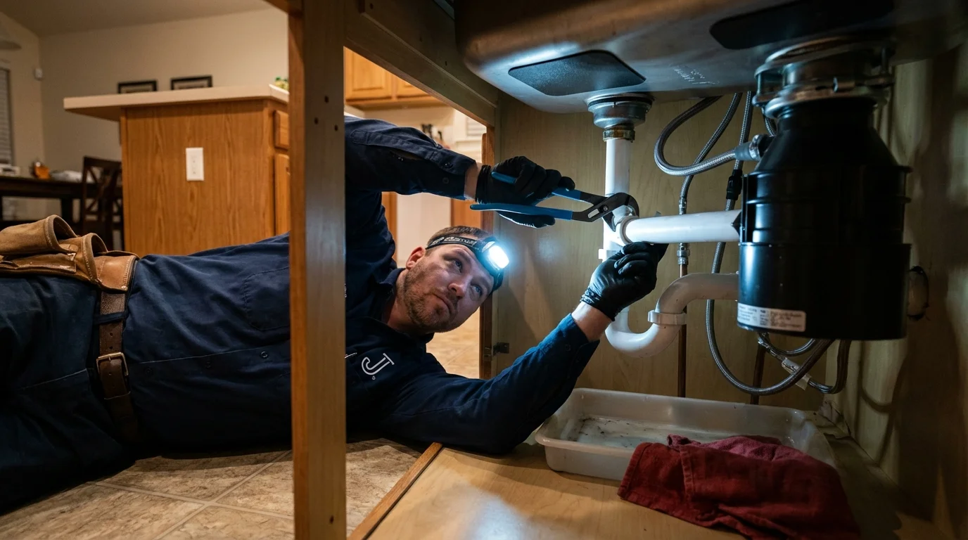 P-trap and supply line connections under a kitchen sink showing a common leak point in Stacy, MN